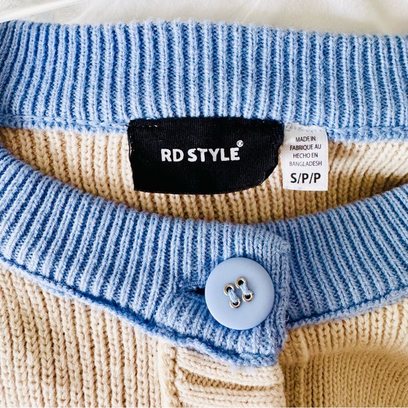 Contrast Collar Cotton Cardigan Sweater Cream Blue Size Small - Picture 6 of 9